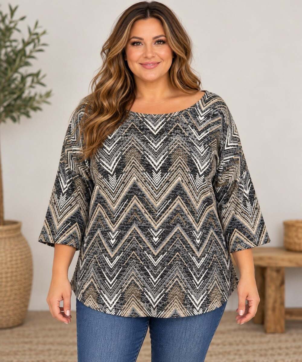 Absolutely Famous Women’s XL Chevron Knit V-Neck 3/4 Sleeve Tunic Pullover Top